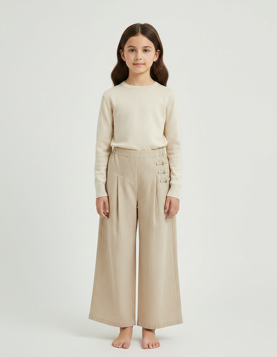 Pantalon Chinois Beige Lin Ample Boutons Latéraux Enfant