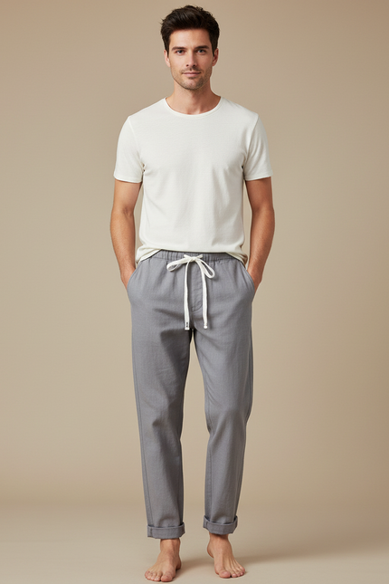 Pantalon Chinois Gris Lin Décontracté Homme Simple Léger