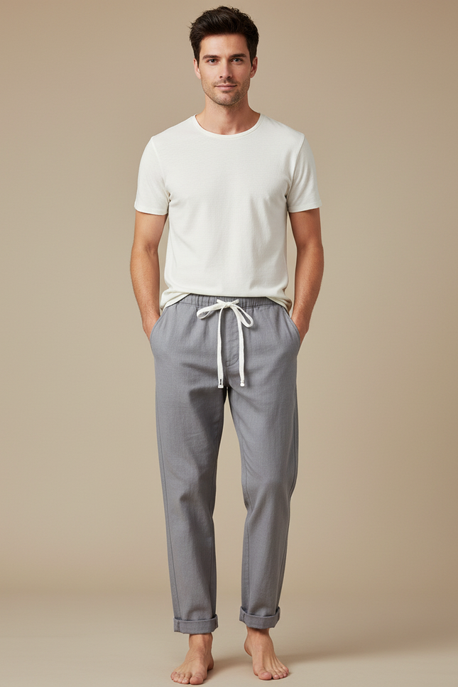 Pantalon Chinois Gris Lin Décontracté Homme Simple Léger
