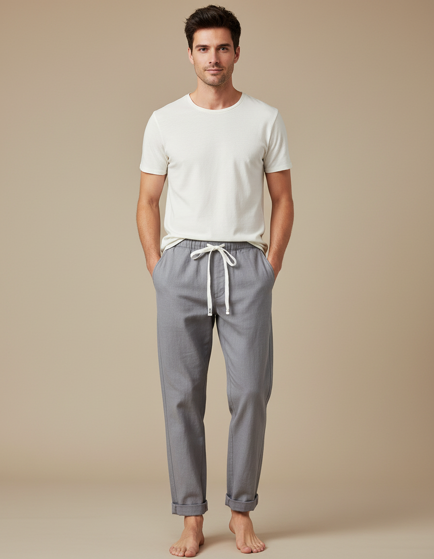 Pantalon Chinois Gris Lin Décontracté Homme Simple Léger