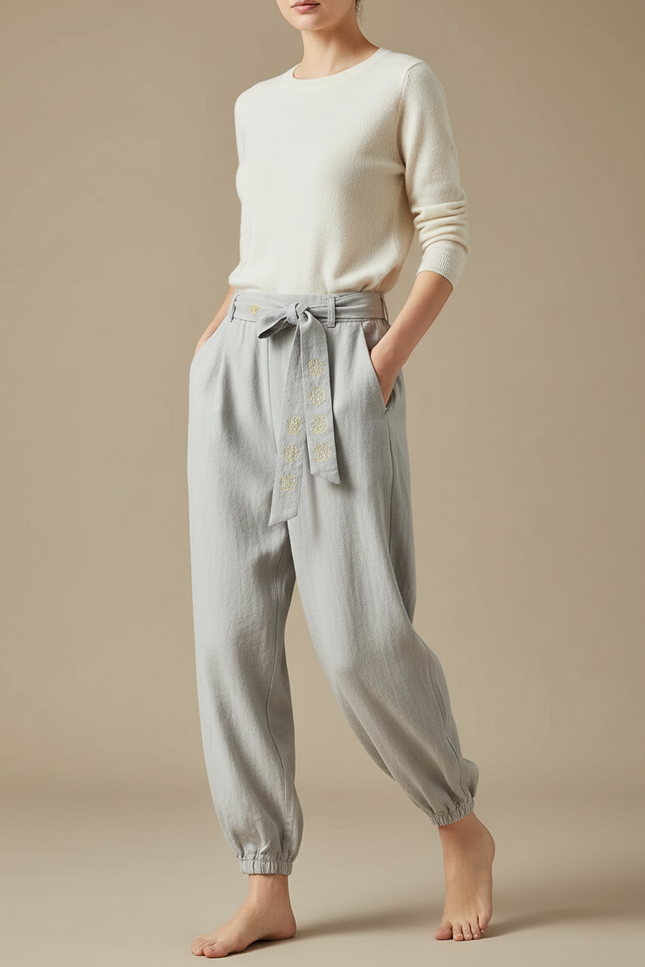 Pantalon Chinois Gris Clair Ample Coton Brodé