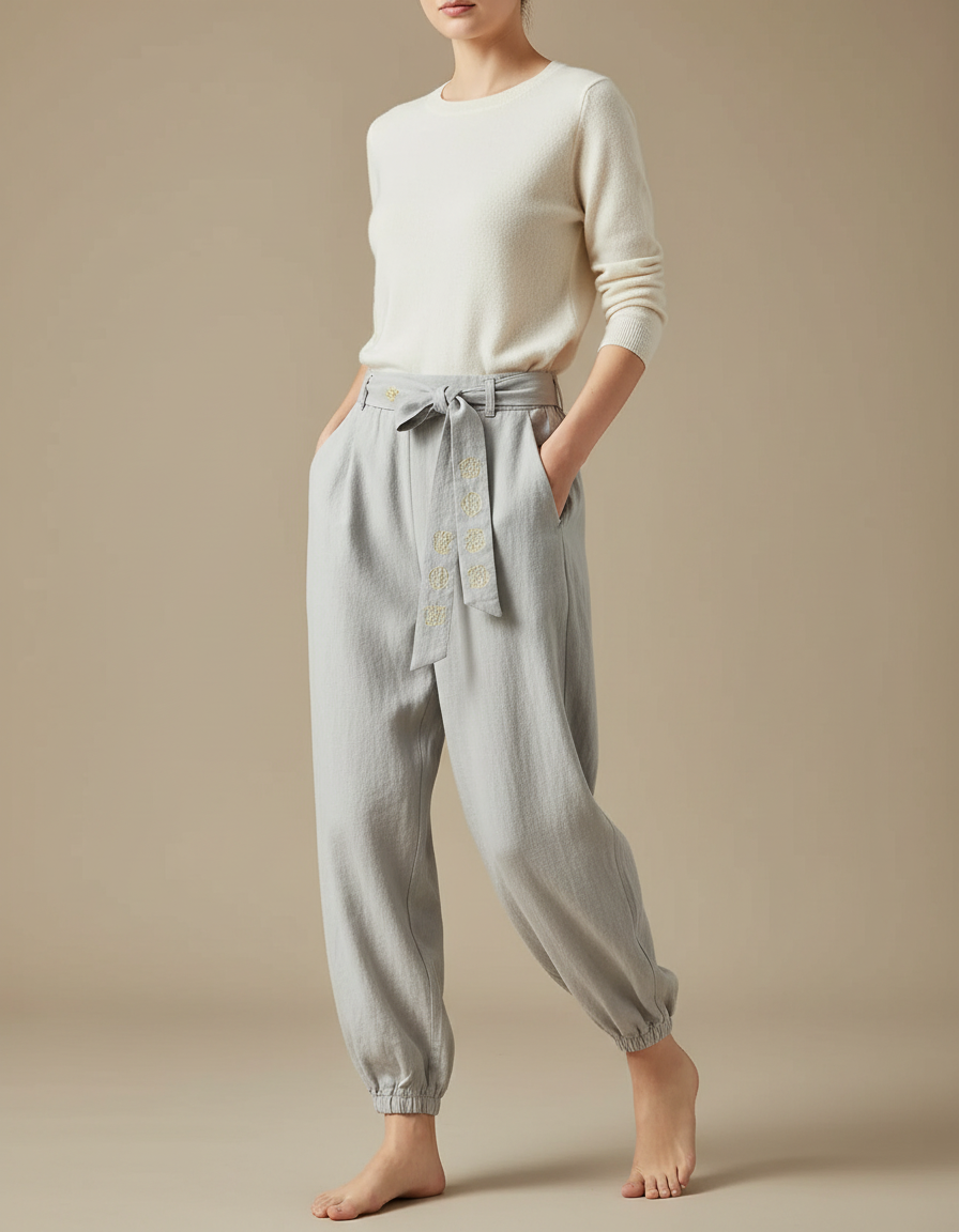 Pantalon Chinois Gris Clair Ample Coton Brodé