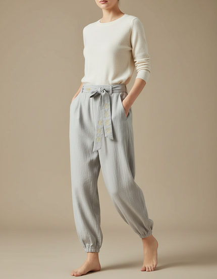 Pantalon Chinois Gris Clair Ample Coton Brodé