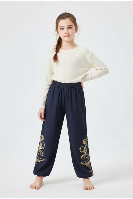 Pantalon Chinois Bleu Marine Ample Brodé Doré - Molleton