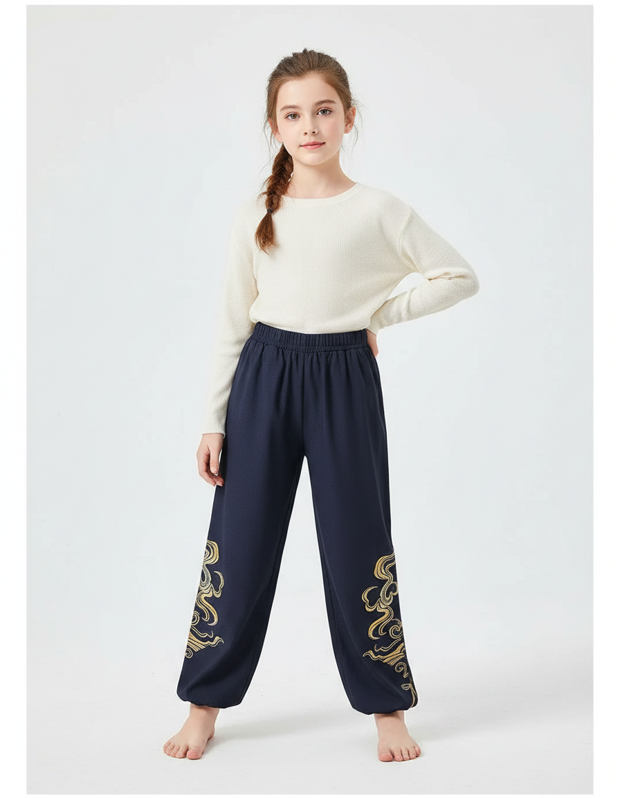 Pantalon Chinois Bleu Marine Ample Brodé Doré - Molleton