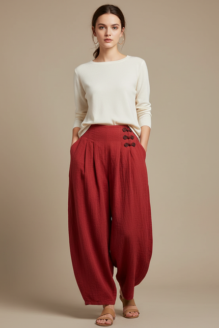 Pantalon Chinois Rouge Plissé Ample Coton Lin Vintage