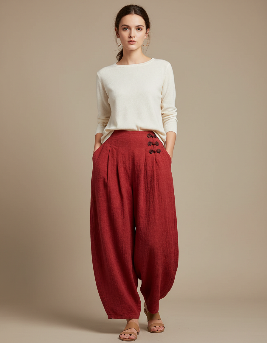 Pantalon Chinois Rouge Plissé Ample Coton Lin Vintage
