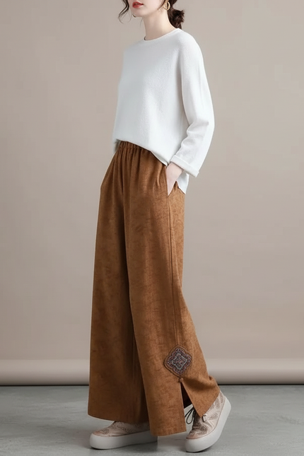 Pantalon Chinois Marron Ample Brodé Fendu Décontracté - Cordé
