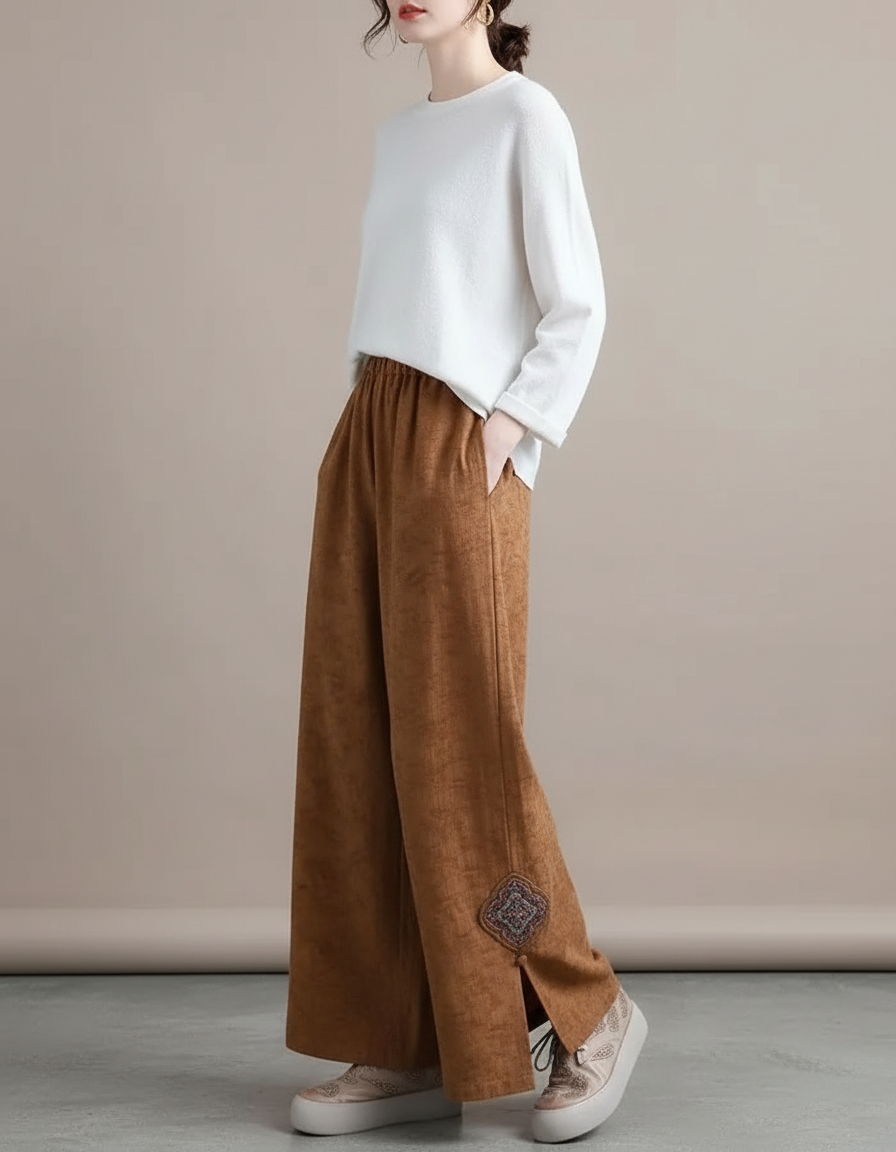 Pantalon Chinois Marron Ample Brodé Fendu Décontracté - Cordé