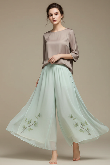 Pantalon Chinois Fluide Menthe Imprimé Floral Élégant - Vert Soie