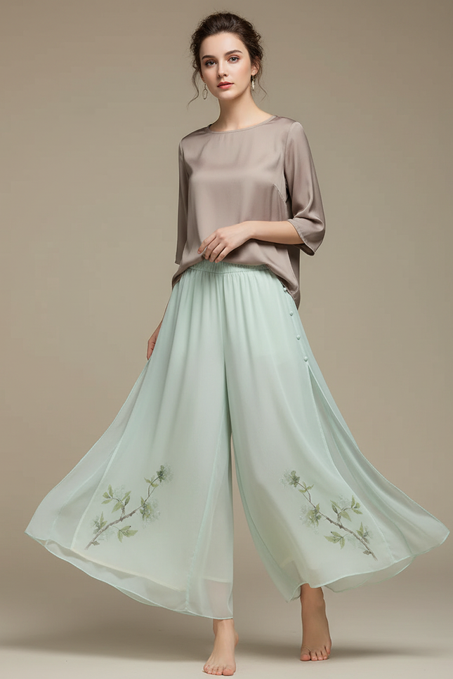Pantalon Chinois Fluide Menthe Imprimé Floral Élégant - Vert Soie