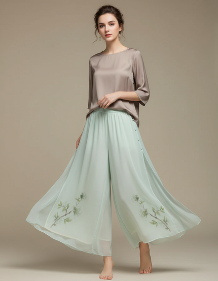 Pantalon Chinois Fluide Menthe Imprimé Floral Élégant - Vert Soie