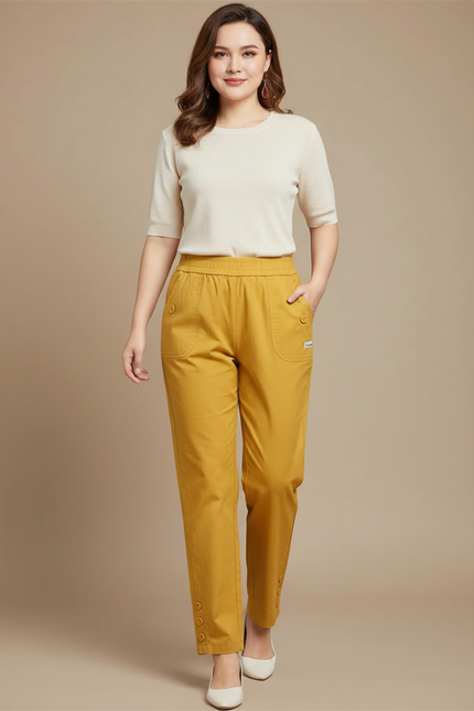 Pantalon Chinois Jaune Coton Lin Taille Haute Décontracté