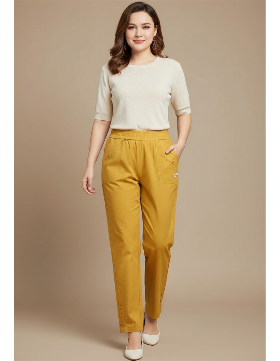 Pantalon Chinois Jaune Coton Lin Taille Haute Décontracté