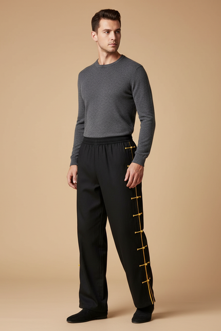 Pantalon Chinois Noir Ample Cordon Jaune Décontracté - Gabardine