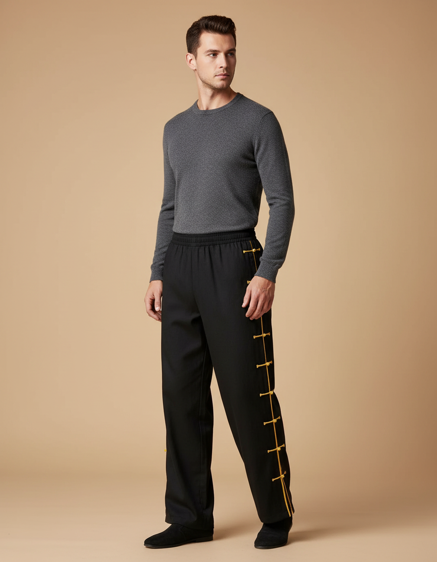 Pantalon Chinois Noir Ample Cordon Jaune Décontracté - Gabardine