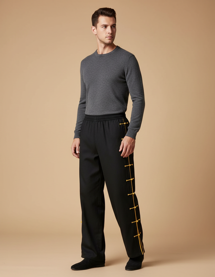 Pantalon Chinois Noir Ample Cordon Jaune Décontracté - Gabardine