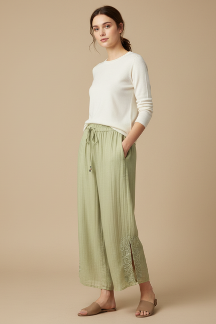 Pantalon Chinois Vert Brodé Ample Coton Léger