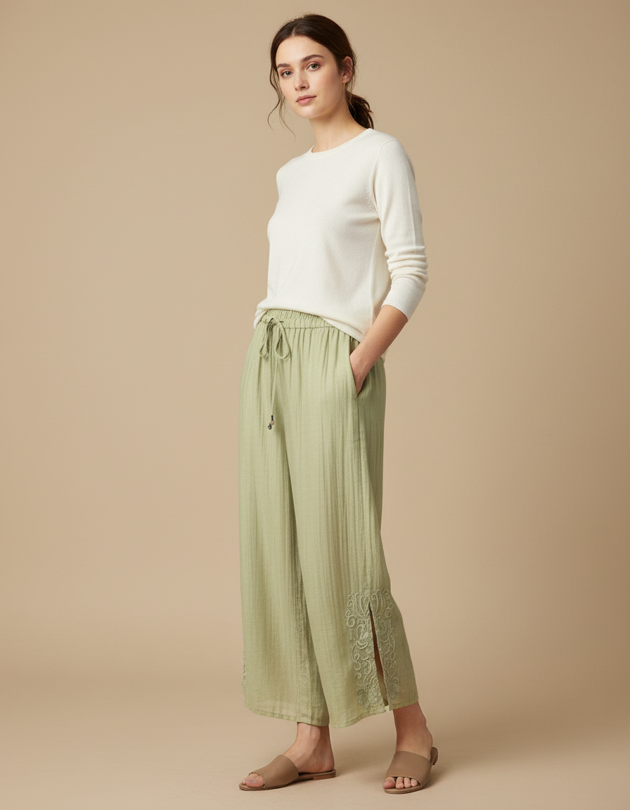 Pantalon Chinois Vert Brodé Ample Coton Léger