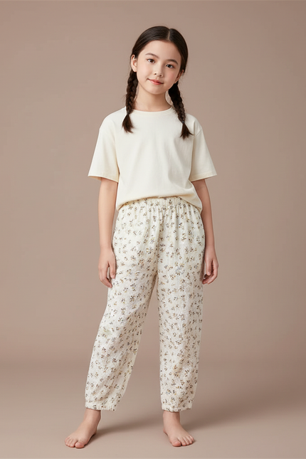 Pantalon Chinois Écru Fleuri Ample Mousseline Enfant - Beige Coton