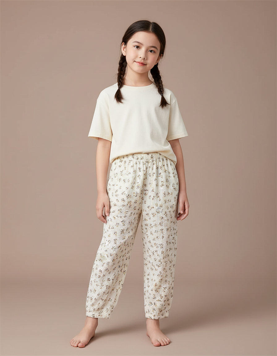 Pantalon Chinois Écru Fleuri Ample Mousseline Enfant - Beige Coton