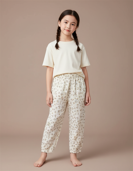 Pantalon Chinois Écru Fleuri Ample Mousseline Enfant - Beige Coton