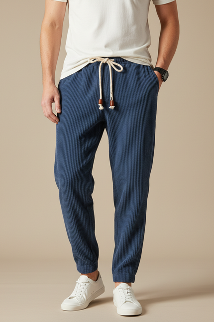 Pantalon Chinois Bleu Côtelé Harem Cordon Décontracté Homme - Cordé