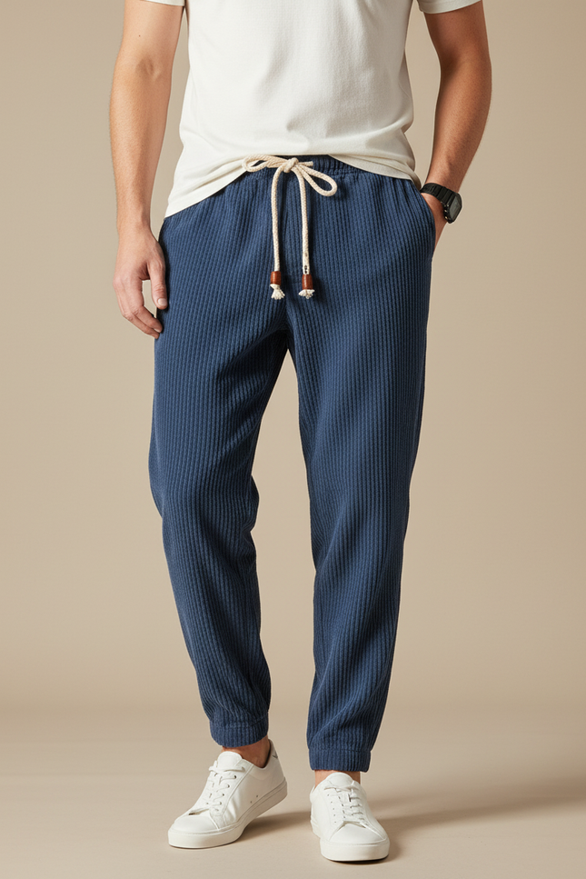 Pantalon Chinois Bleu Côtelé Harem Cordon Décontracté Homme - Cordé
