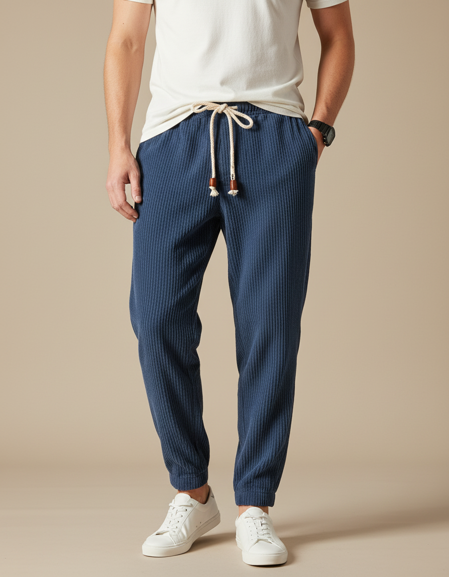 Pantalon Chinois Bleu Côtelé Harem Cordon Décontracté Homme - Cordé