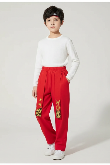 Pantalon Chinois Rouge Ample Motifs Dorés Enfant - Molleton
