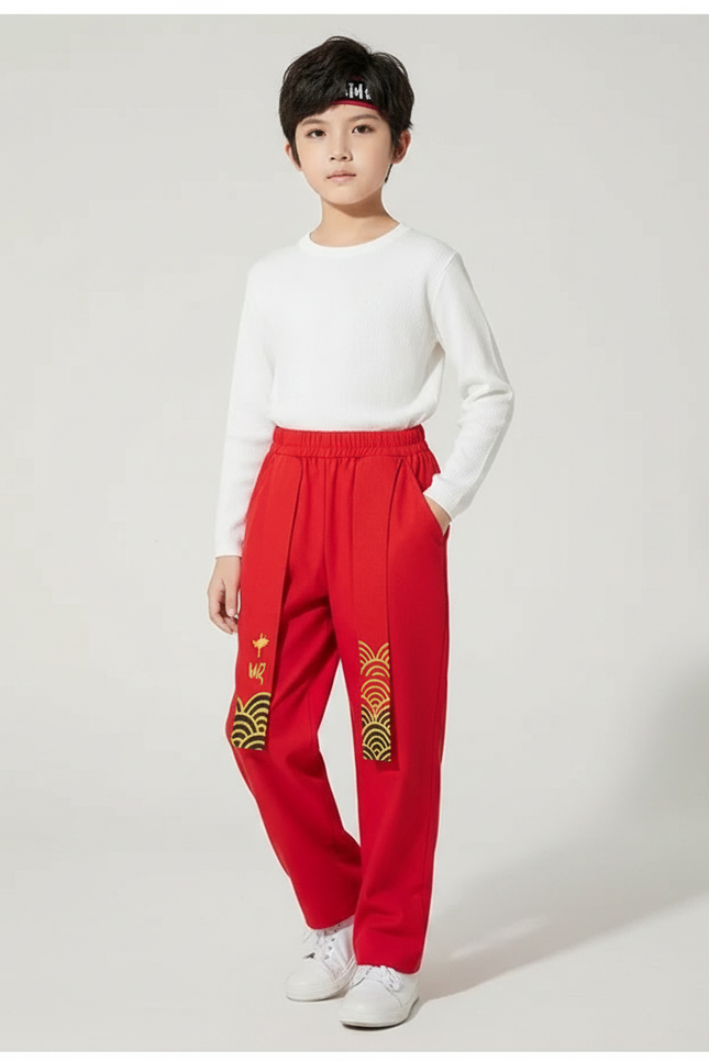 Pantalon Chinois Rouge Ample Motifs Dorés Enfant - Molleton