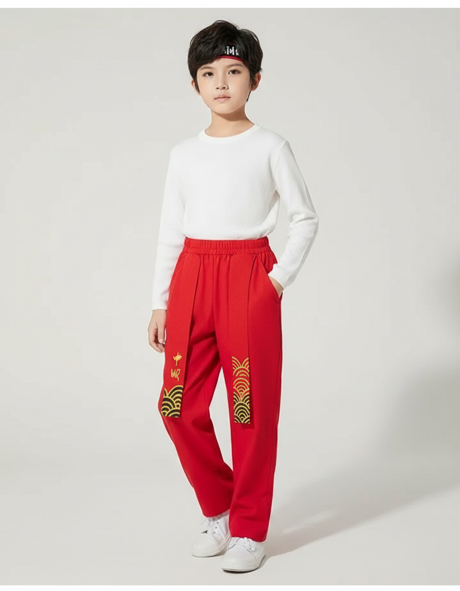 Pantalon Chinois Rouge Ample Motifs Dorés Enfant - Molleton