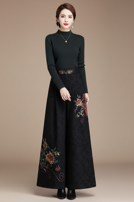 Pantalon Chinois Noir Brodé Floral Jacquard Ample Vintage - Laine