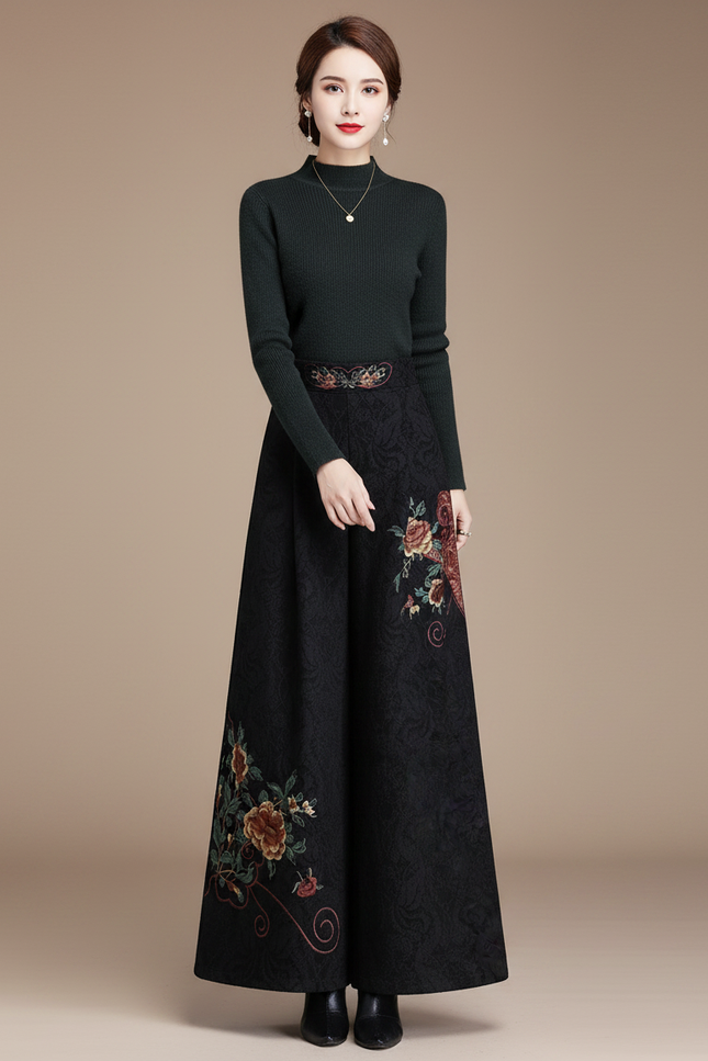 Pantalon Chinois Noir Brodé Floral Jacquard Ample Vintage - Laine