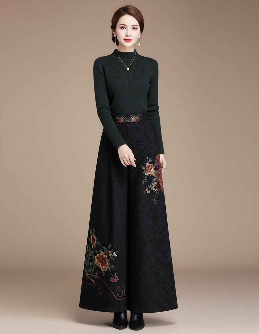 Pantalon Chinois Noir Brodé Floral Jacquard Ample Vintage - Laine