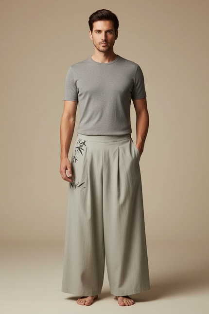 Pantalon Chinois Ample Gris Lin Brodé Bambou Homme