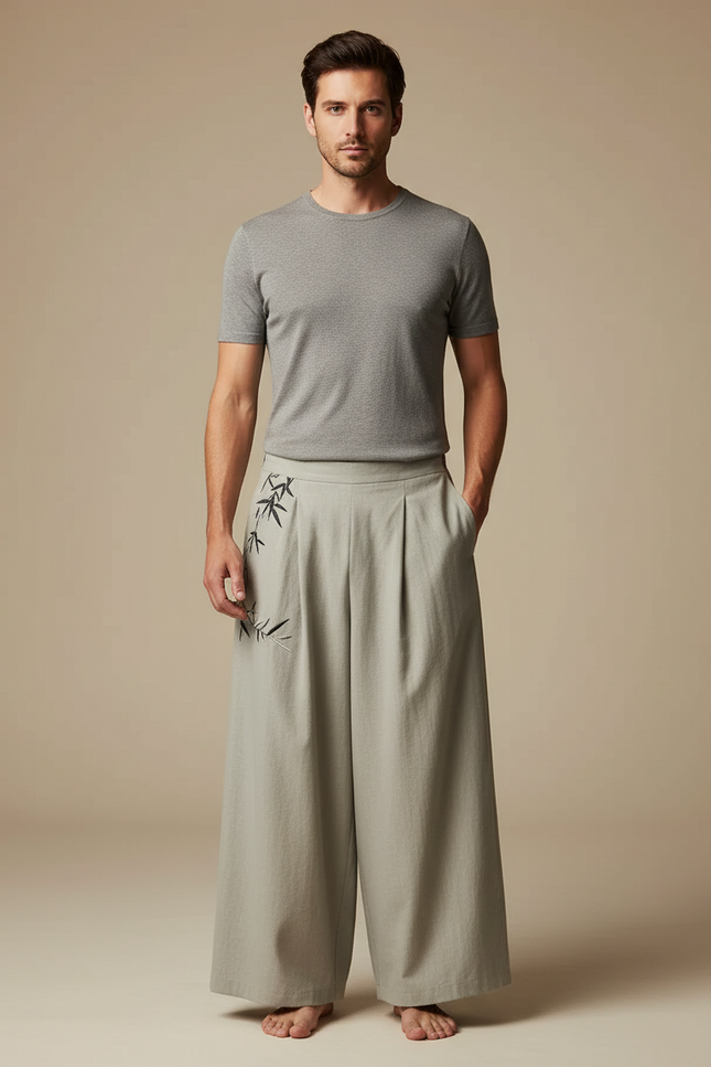Pantalon Chinois Ample Gris Lin Brodé Bambou Homme