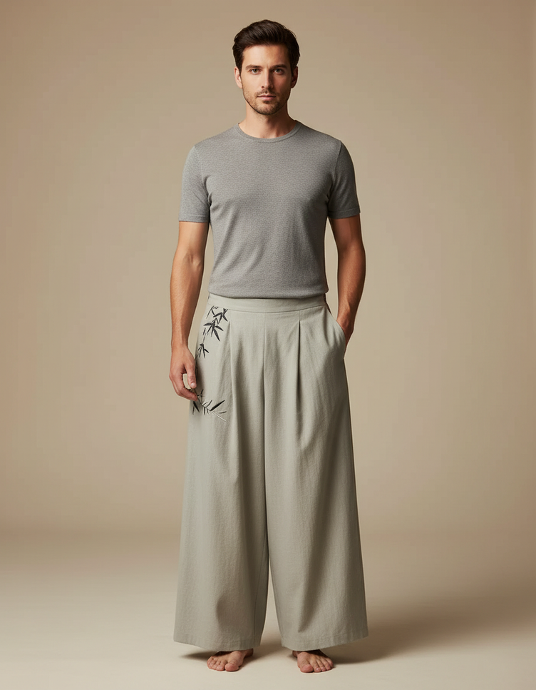 Pantalon Chinois Ample Gris Lin Brodé Bambou Homme