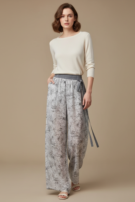 Pantalon Chinois Fluide Imprimé Taille Haute Décontracté Femme - Gris Viscose