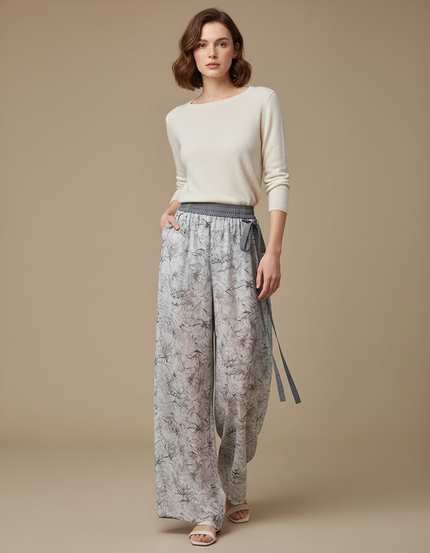 Pantalon Chinois Fluide Imprimé Taille Haute Décontracté Femme - Gris Viscose