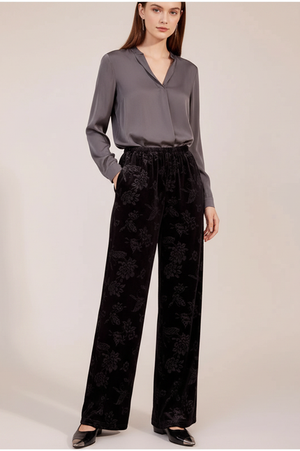 Pantalon Chinois Noir Velours Jacquard Ample Élégant