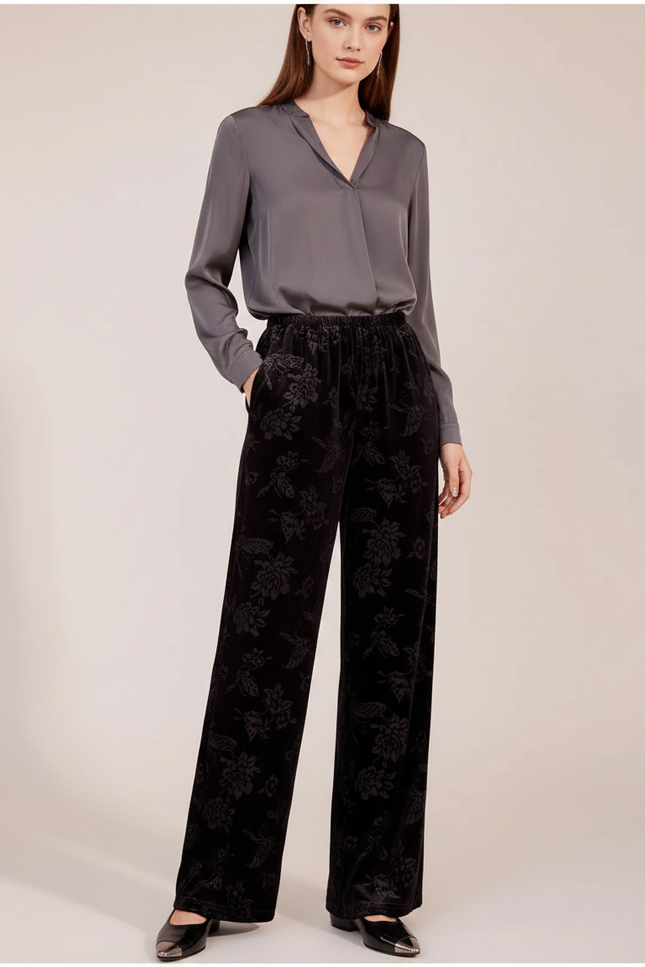 Pantalon Chinois Noir Velours Jacquard Ample Élégant