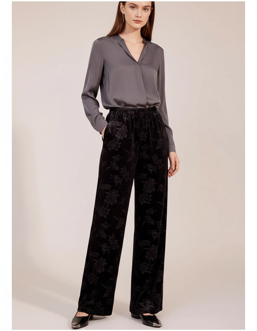 Pantalon Chinois Noir Velours Jacquard Ample Élégant
