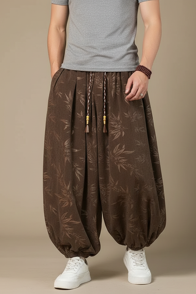Pantalon Chinois Marron Ample Fleuri Décontracté Homme - Lin