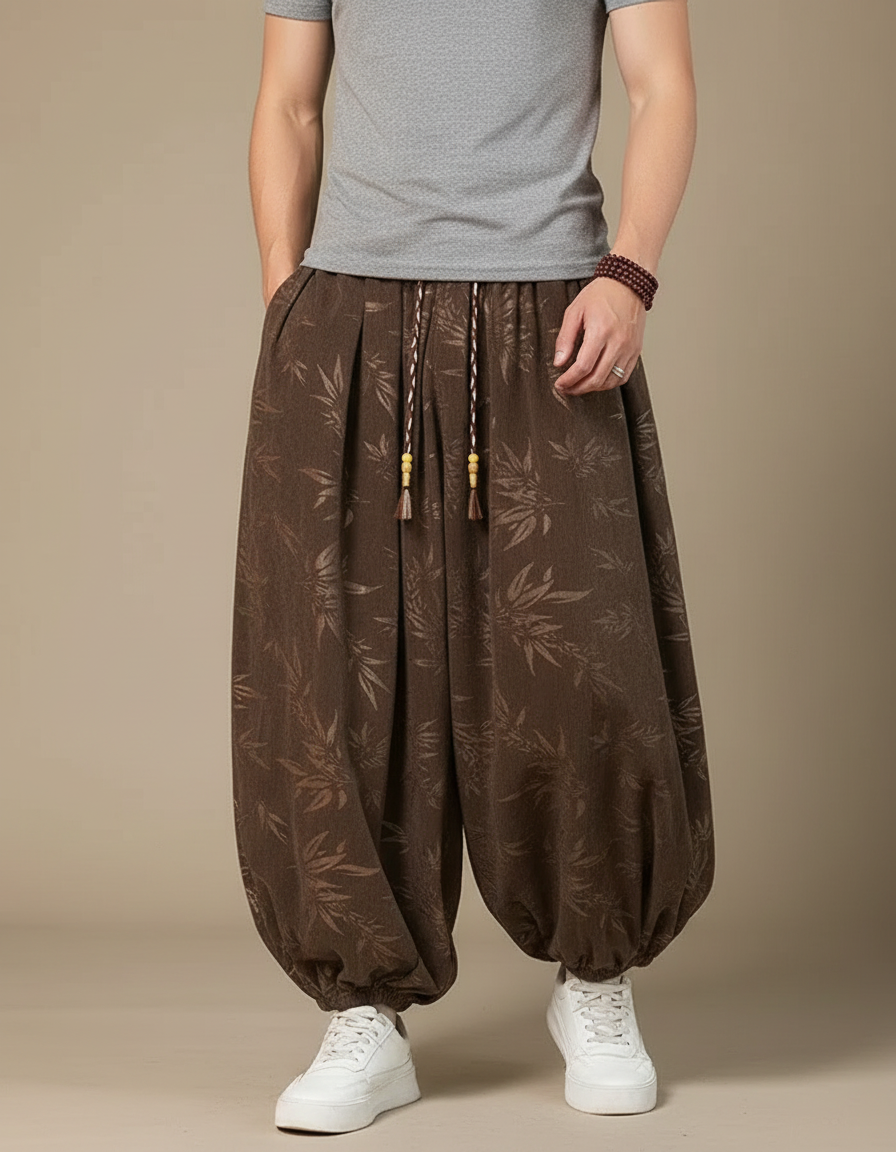 Pantalon Chinois Marron Ample Fleuri Décontracté Homme - Lin