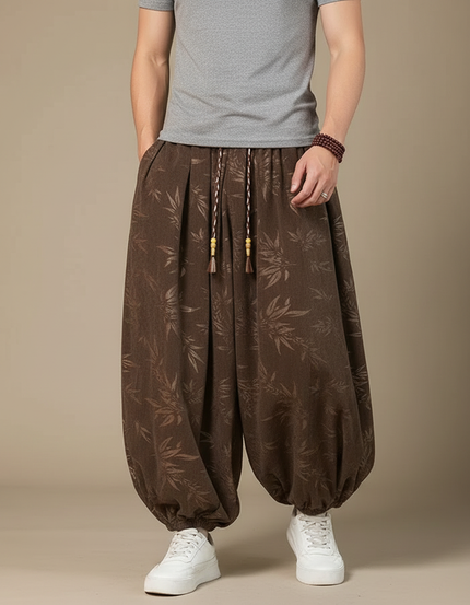 Pantalon Chinois Marron Ample Fleuri Décontracté Homme - Lin