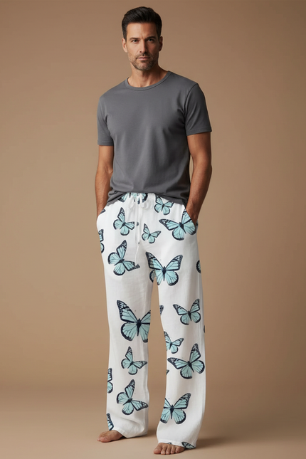Pantalon Chinois Blanc Papillons Fluide Léger Décontracté - Lin