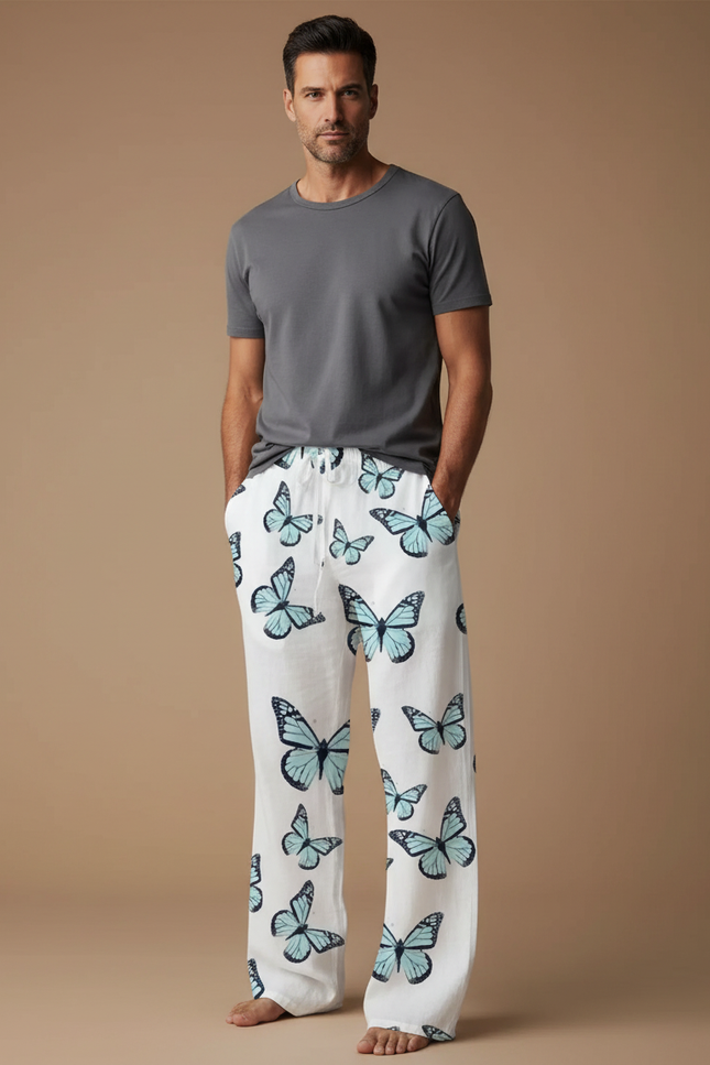 Pantalon Chinois Blanc Papillons Fluide Léger Décontracté - Lin
