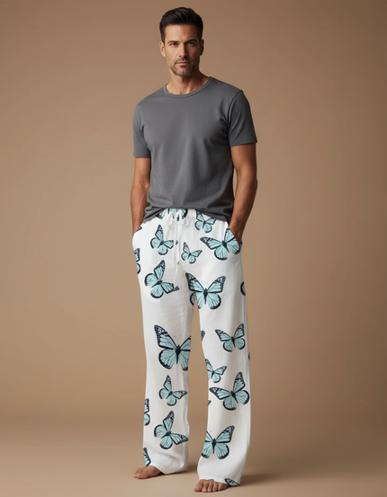 Pantalon Chinois Blanc Papillons Fluide Léger Décontracté - Lin