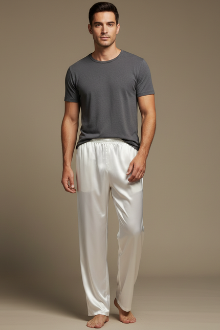 Pantalon Chinois Blanc Satin Fluide Élégant Homme